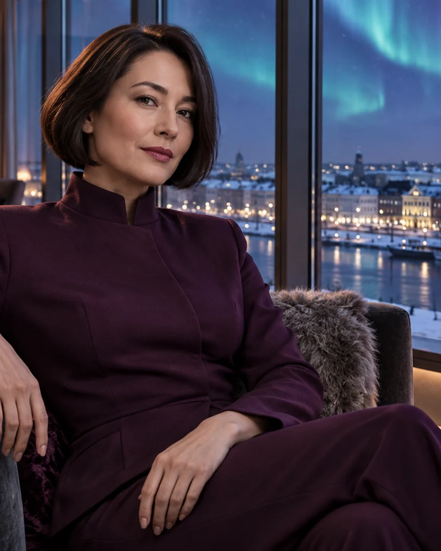 Fictional adult woman in a plum suit in a snowy Helsinki lounge