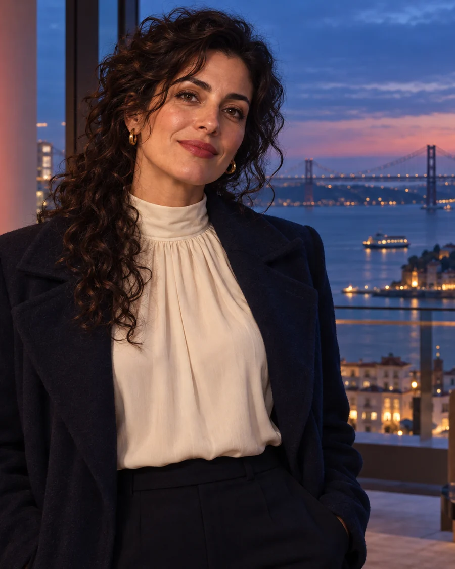 Fictional adult woman in a dark blue coat at a Lisbon riverside interior