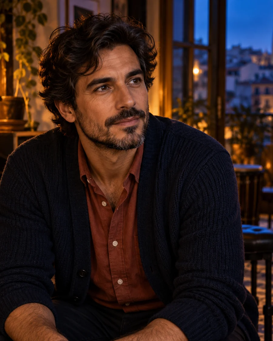 Fictional adult man in a navy cardigan in a Barcelona music room