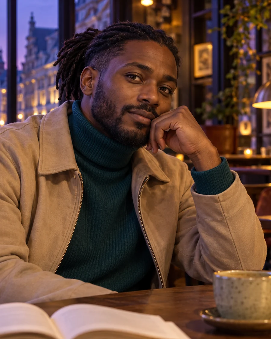 Fictional adult man in a teal sweater inside a Brussels cafe library