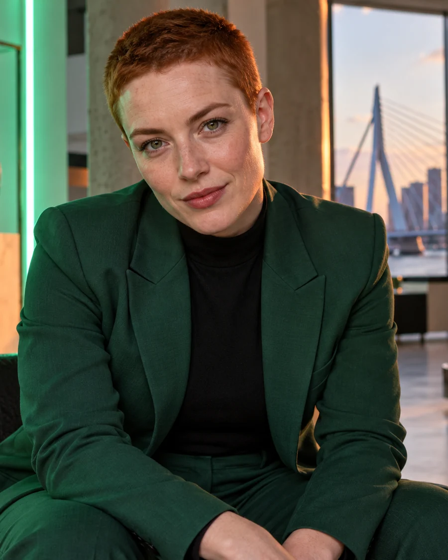 Fictional adult nonbinary person in a green suit in a Rotterdam studio