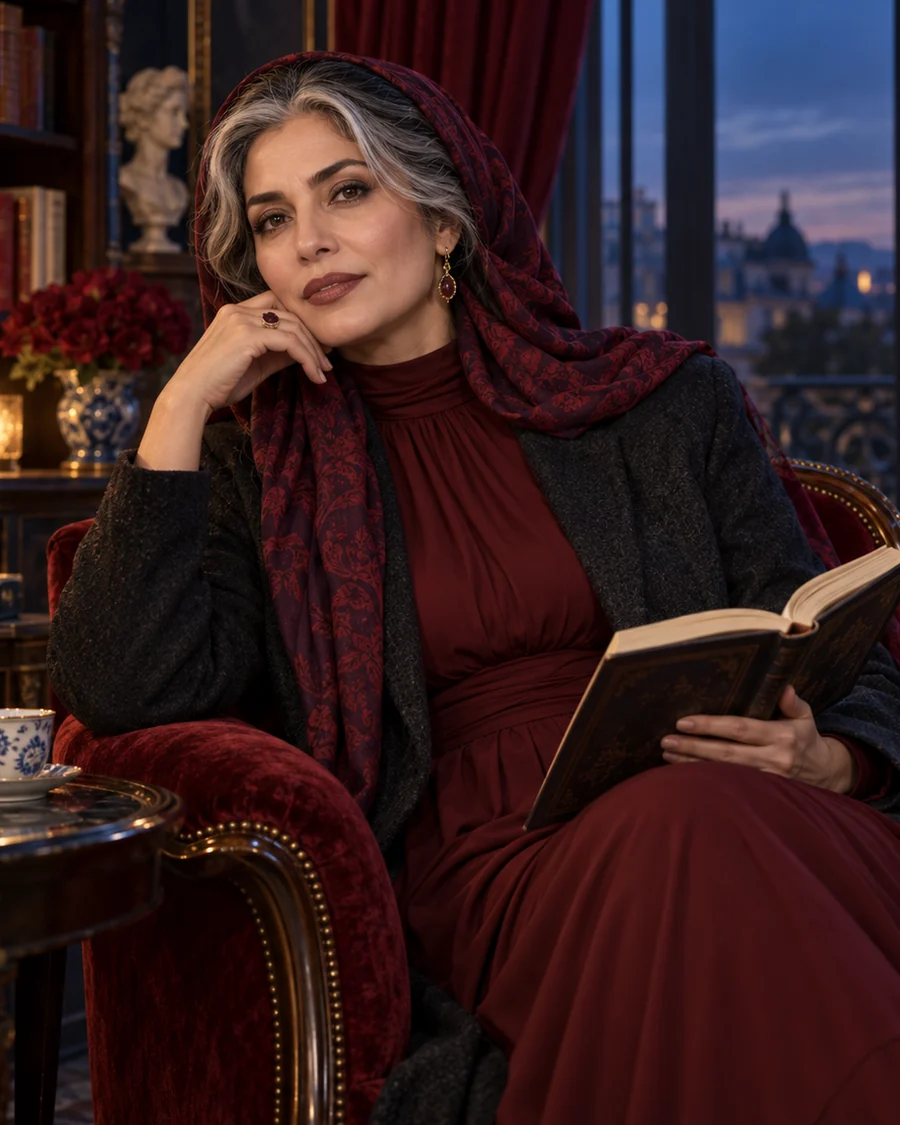 Fictional adult woman in burgundy reading in a Paris salon